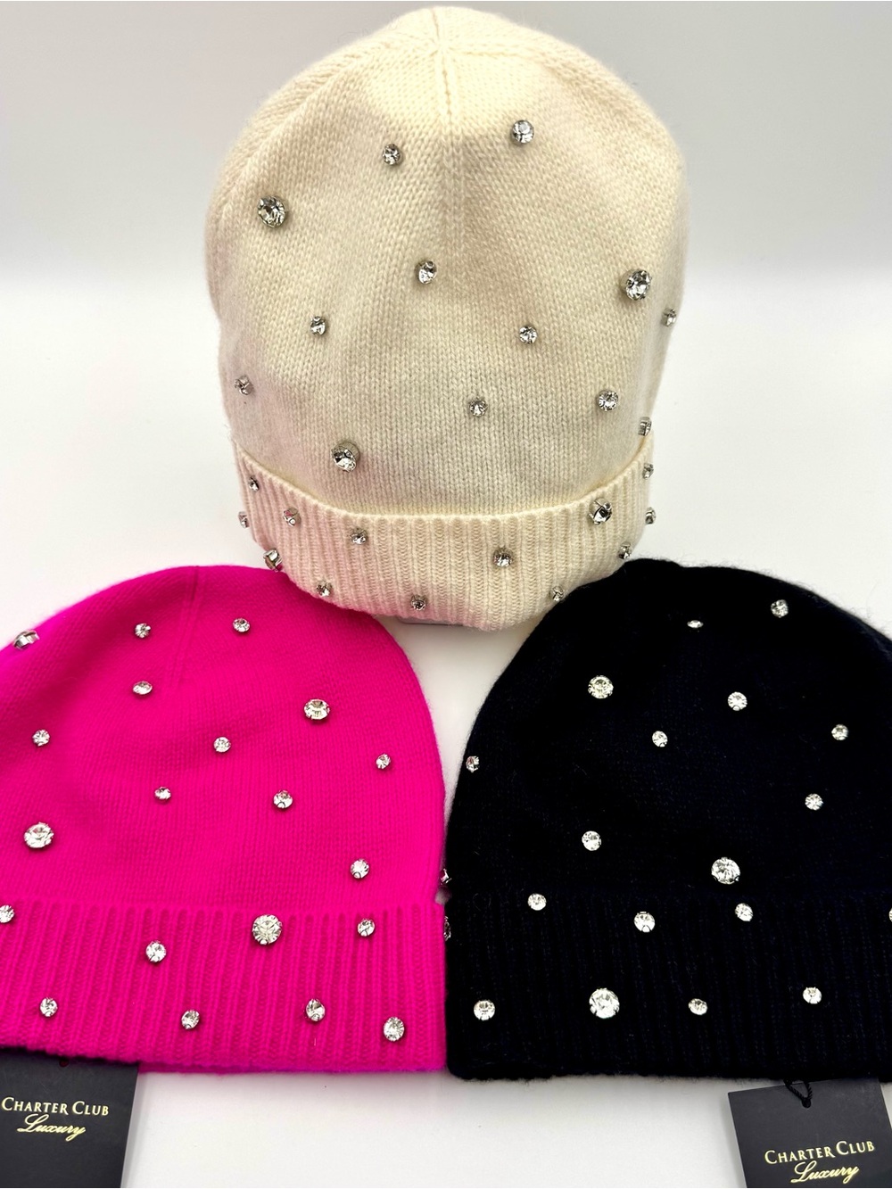 Charter Club Cashmere Crystal-Embellished Knit Beanie Hat Ivory, Hot Pink Black